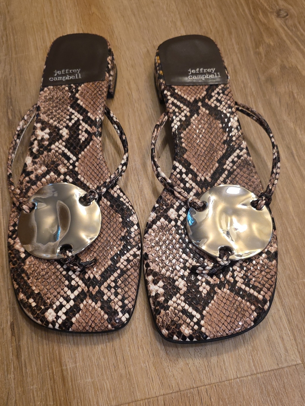 Jeffrey Campbell Snake-Print Slide Sandals with Silver Medallion Sz 8.5